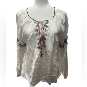 Abercrombie & Fitch Womens L White 100% cotton Blue Pink embroidery boho top EUC